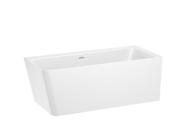 Asymmetric right corner Stonex® bathtub with panels. Includes click-clack drain, trap and integrated overflow.