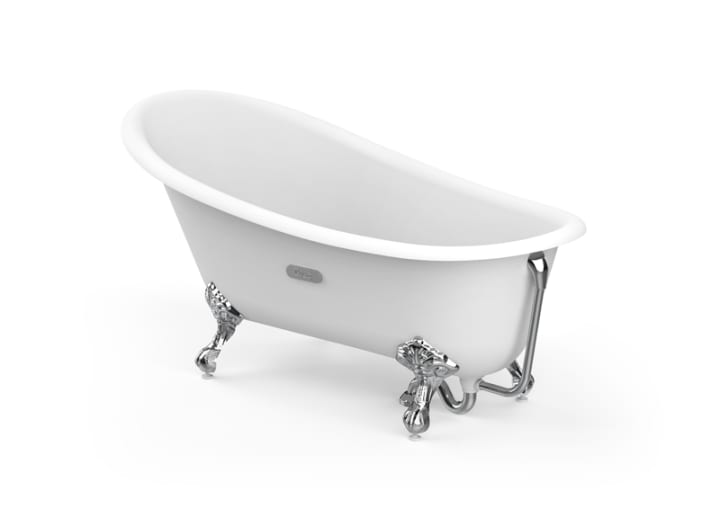Oval cast iron bath with white exterior and anti-slip base