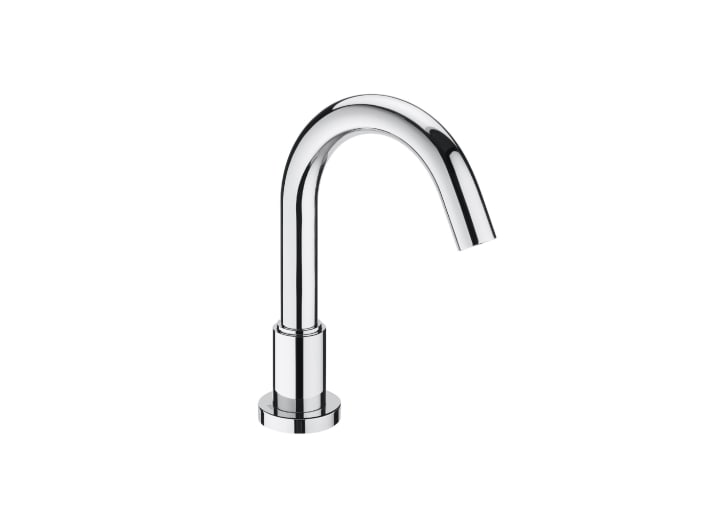 Electronic basin mixer with sensor integrated in the spout powered by mains supply