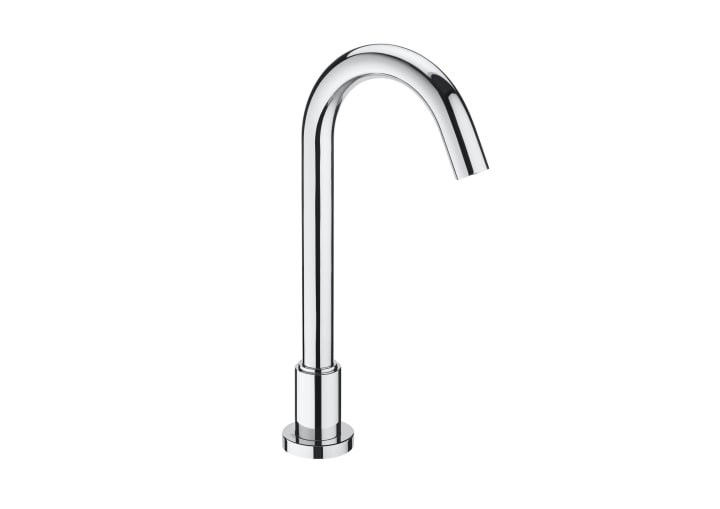 Electronic high-neck basin mixer with sensor integrated in the spout. Powered by batteries.