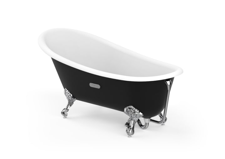 Oval cast iron bath with black exterior and anti-slip base