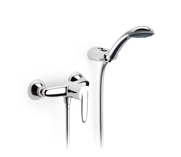 Wall-mounted shower mixer with 1.7 m flexible shower hose, handshower and wall bracket