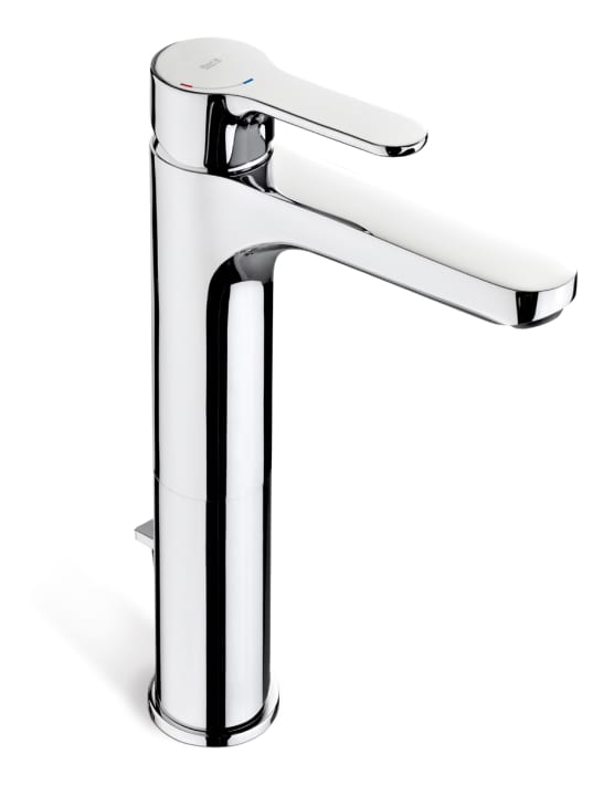 Monoblock high basin mixer with pop-up waste