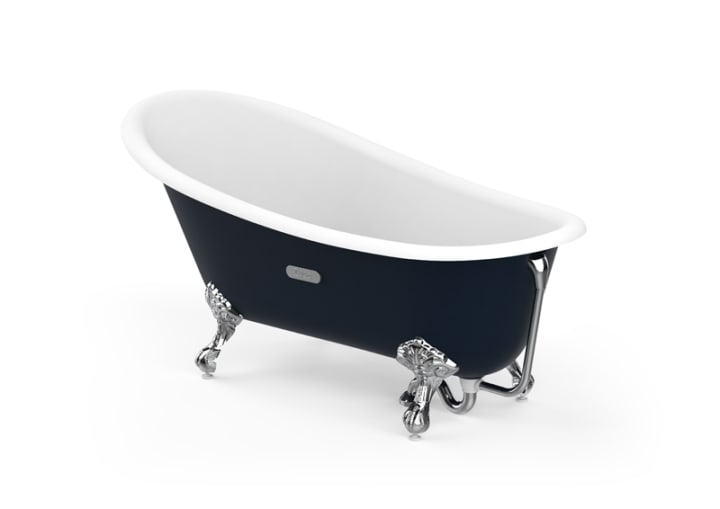 Oval cast iron bath with blue marine exterior and anti-slip base