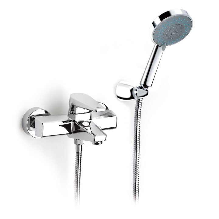 Wall-mounted bath-shower mixer with automatic diverter, 1.70 m flexible shower hose, handshower and wall bracket
