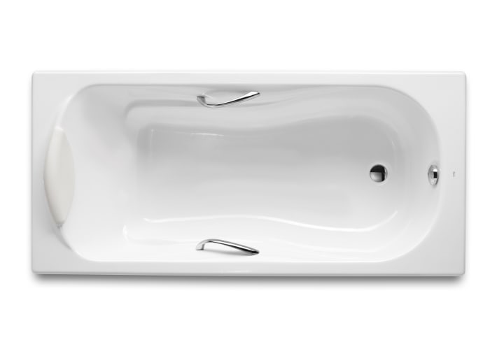 Rectangular cast iron bath with anti-slip base and grips