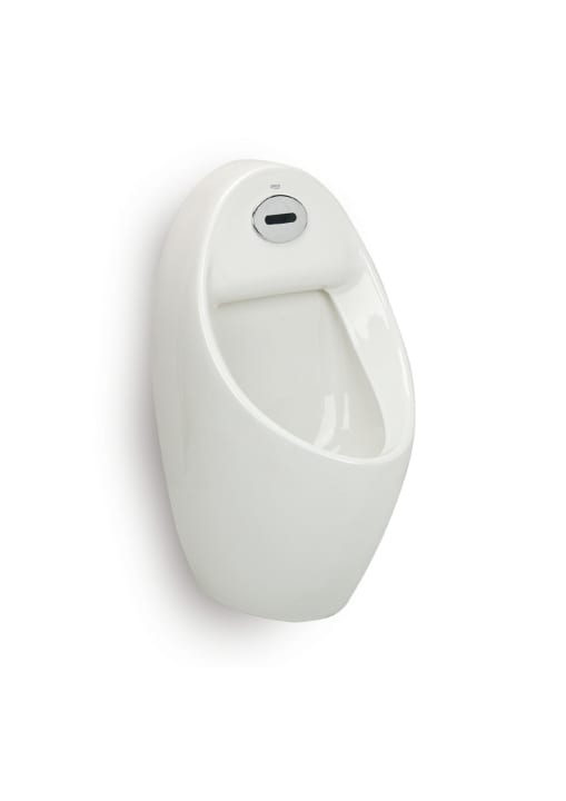Electronic vitreous china urinal with back inlet and powered by mains connection