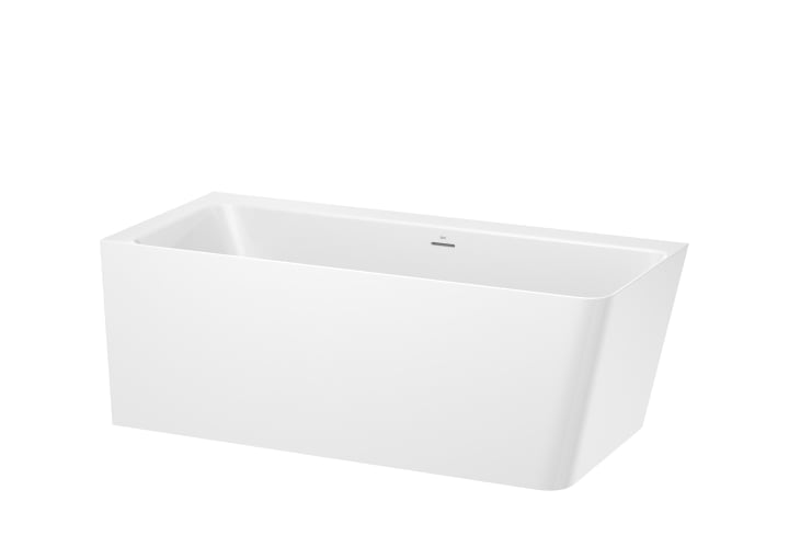 Asymmetric left corner Stonex® bathtub with panels. Includes click-clack drain, trap and integrated overflow.
