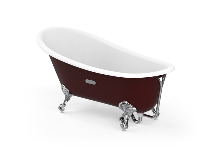 Oval cast iron bath with bordeaux exterior and anti-slip base