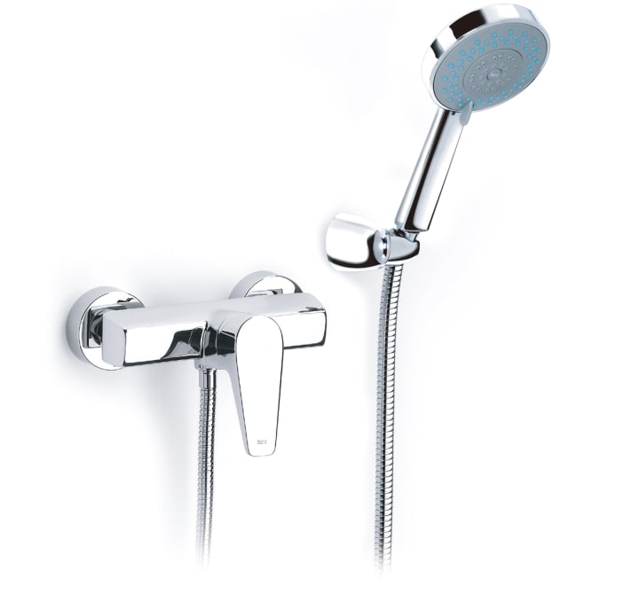Wall-mounted shower mixer with 1.7 m flexible shower hose, handshower and wall bracket