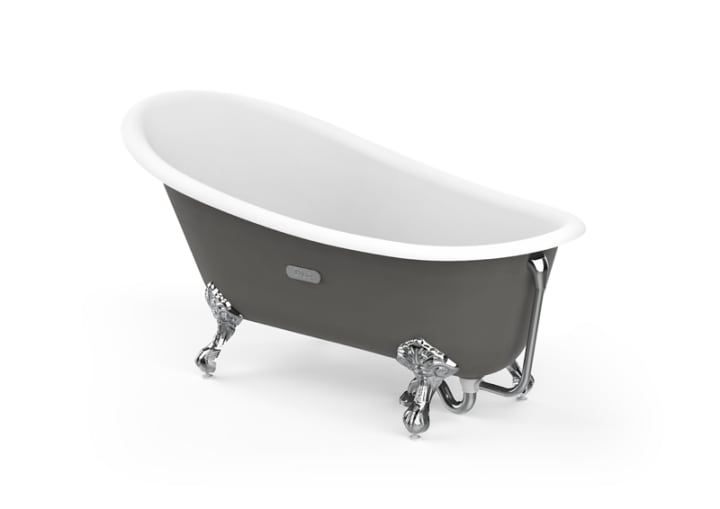 Oval cast iron bath with grey exterior and anti-slip base