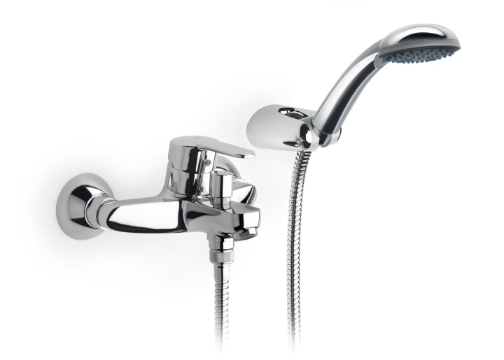 Wall-mounted bath-shower mixer with automatic diverter, 1.70 m flexible shower hose, handshower and wall bracket